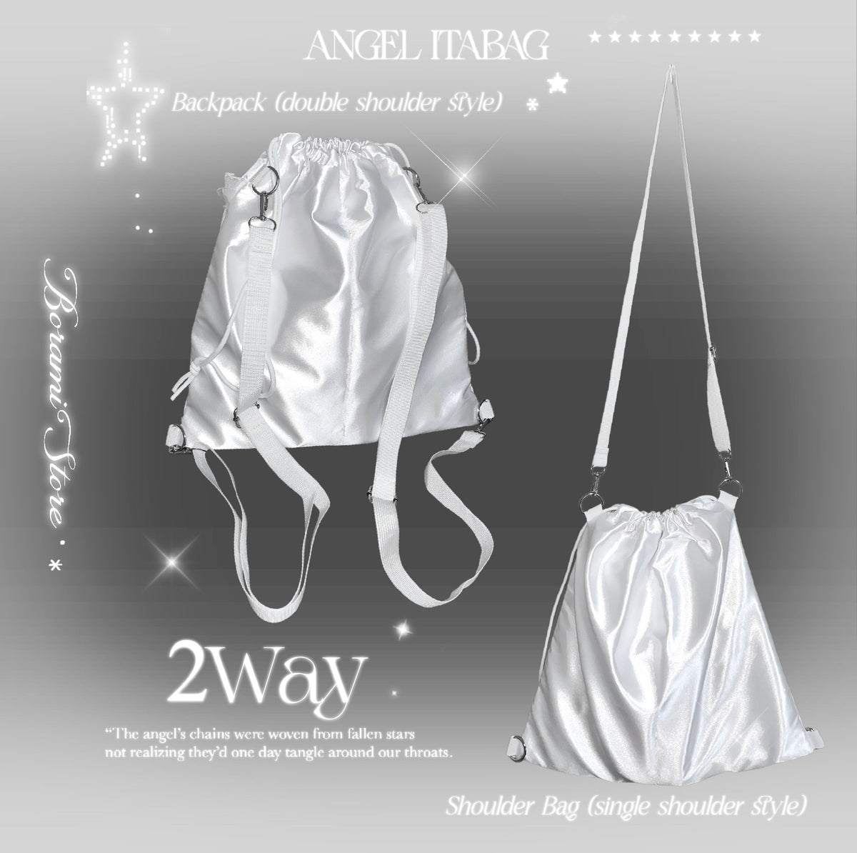 ★2WAY 痛バッグ★ 2種ポケット付き サテン痛バッグ ナップサック White.ver