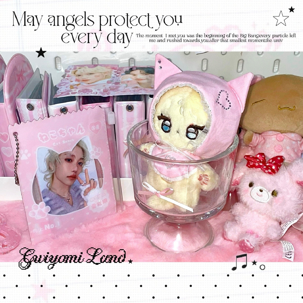 ★ハンドメイド★ ネコ耳ぬい帽子＋よだれかけ風スタイセット ピンク.ver