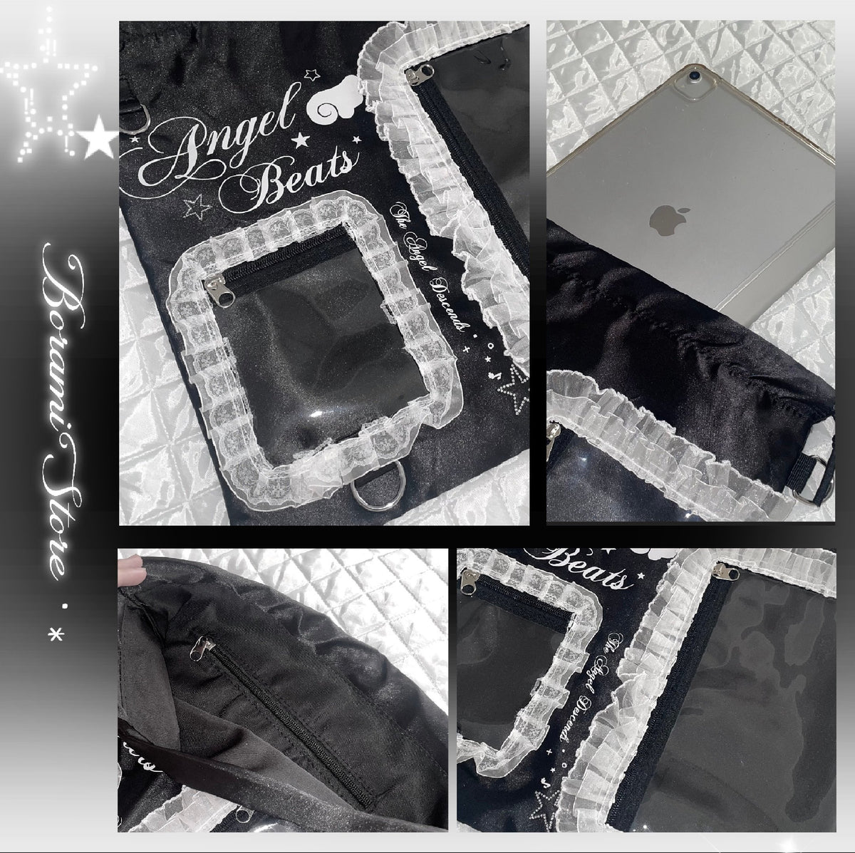 ★2WAY 痛バッグ★ ポケット2種付き サテン痛バッグ ナップサック black.ver